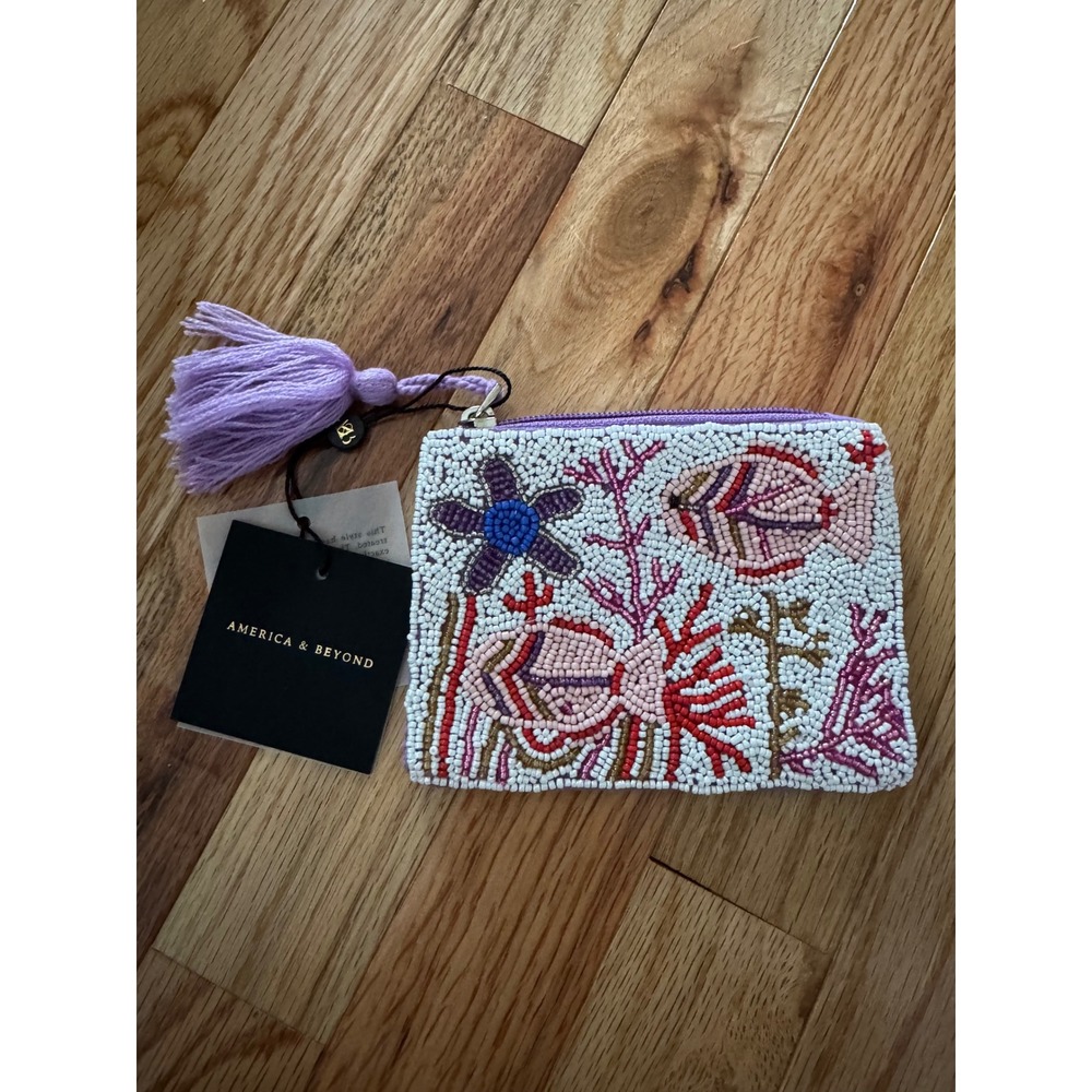America & Beyond Beaded Coin Purse Fish Coral Nautical Tassel Pouch Purple New